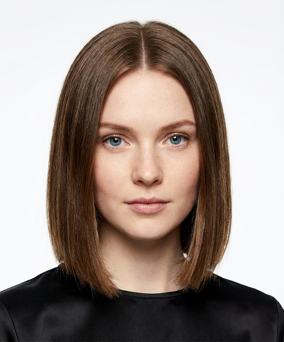 Studio close-up of woman wearing a chestnut straight shoulder-length lob with center part generated by blondefilter.net