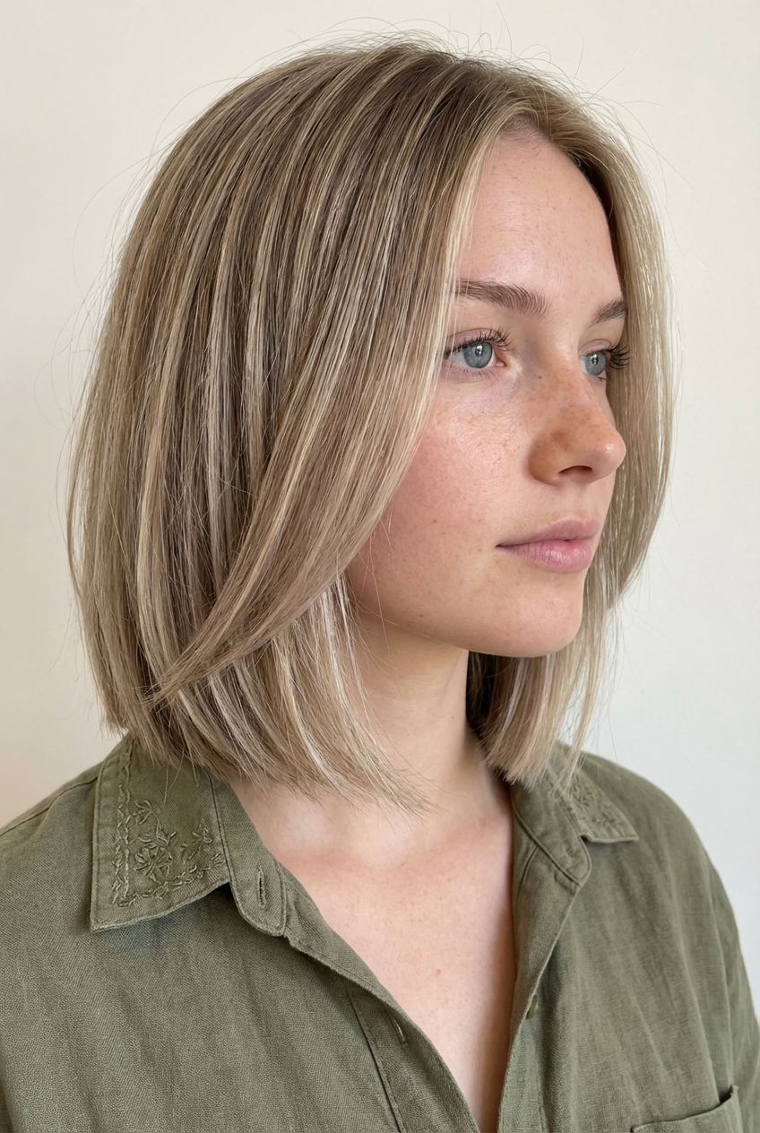 Side profile of woman wearing a soft blonde shoulder-length lob with subtle layers generated by blondefilter.net