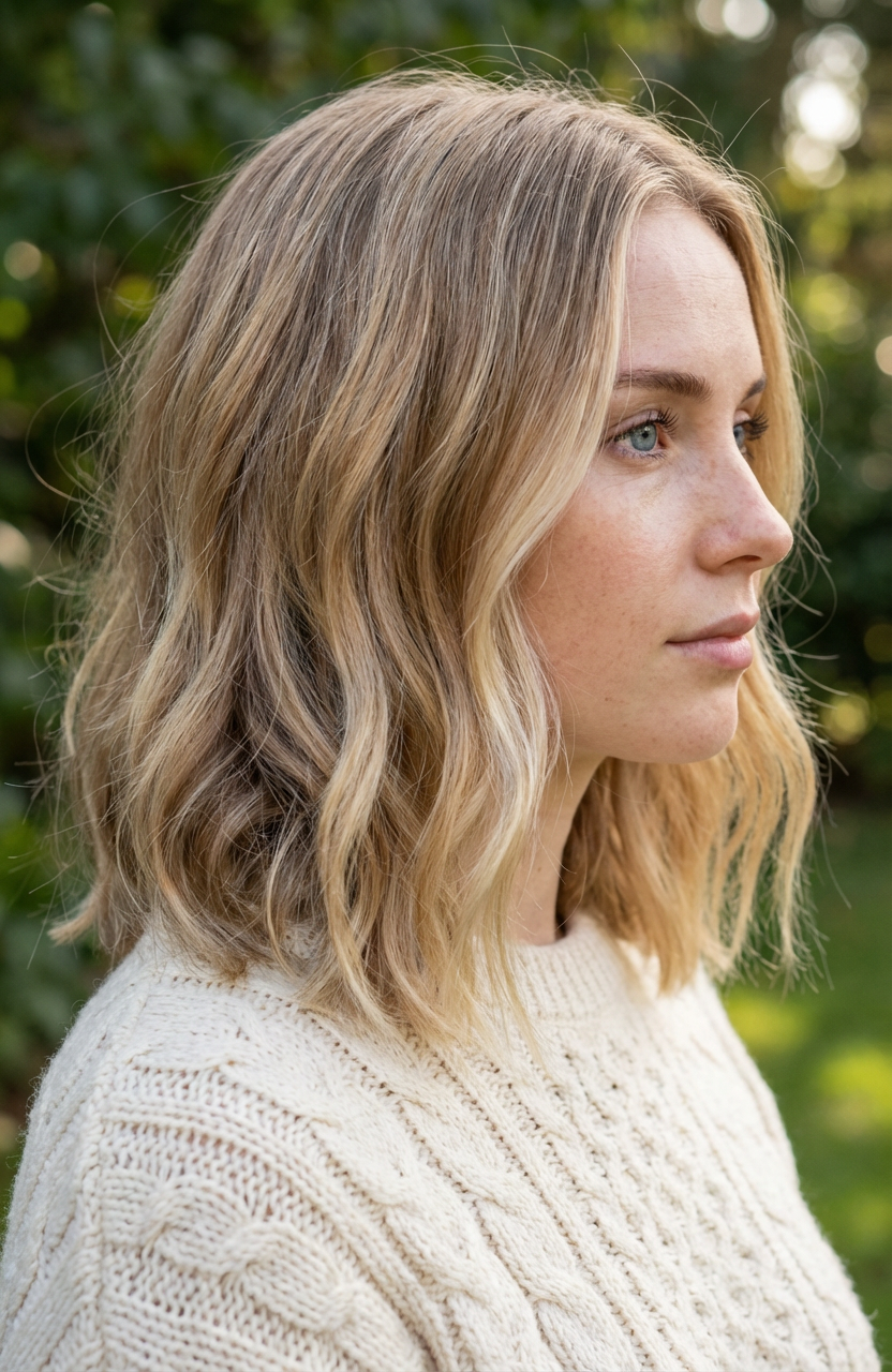 Outdoor side view of woman with a tousled wavy blonde shoulder-length bob generated by blondefilter.net