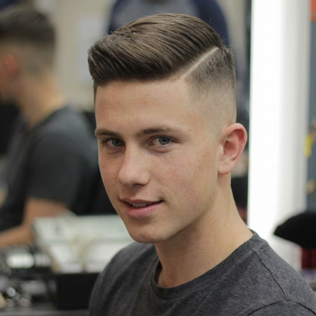 Barber chair portrait of model with sleek side part high fade and taper blend generated by blondefilter.net