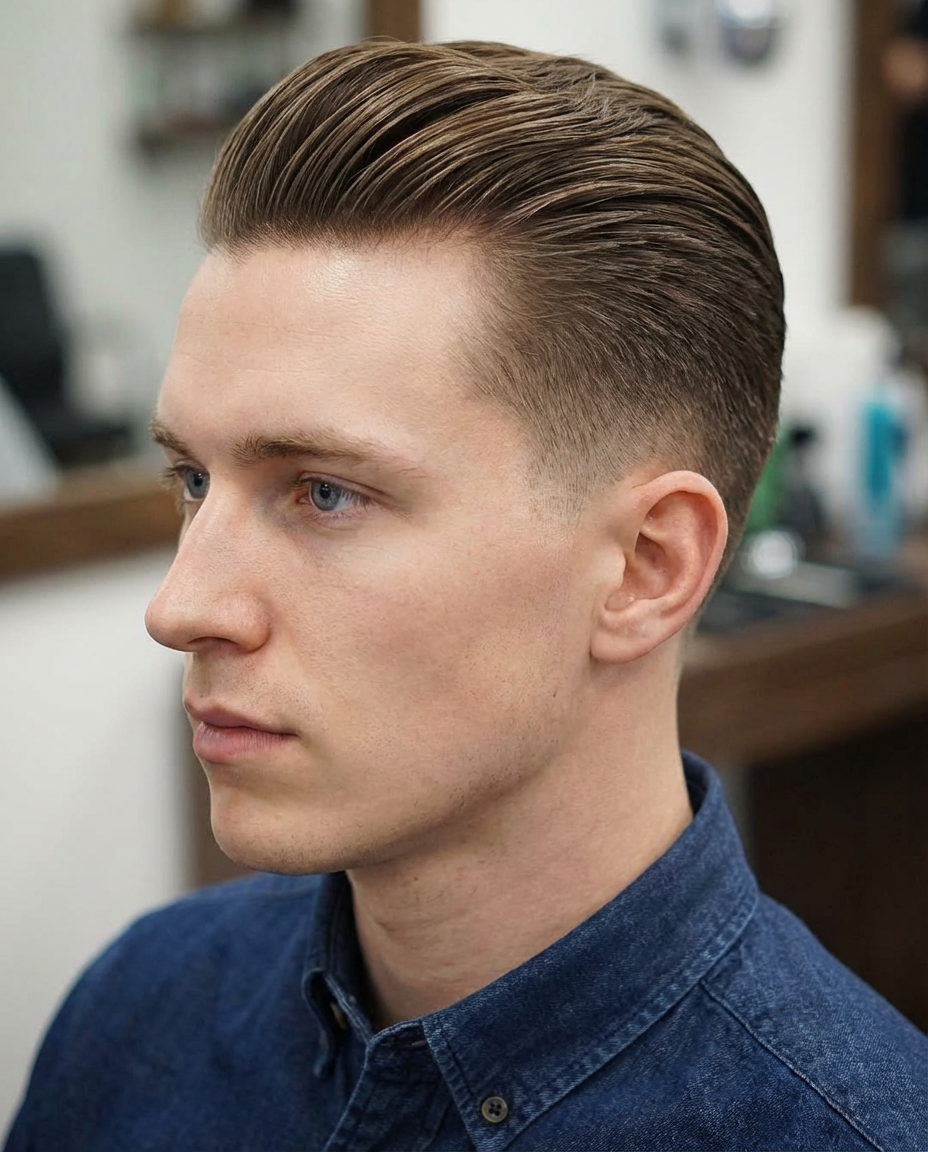 Barbershop view of man with polished slicked back undercut and tapered fade generated by blondefilter.net