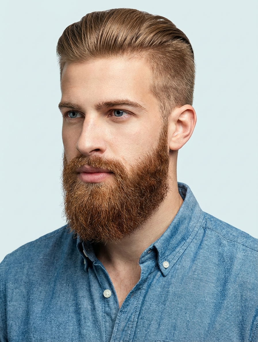 Man with ginger beard and slicked back undercut against light background generated by blondefilter.net