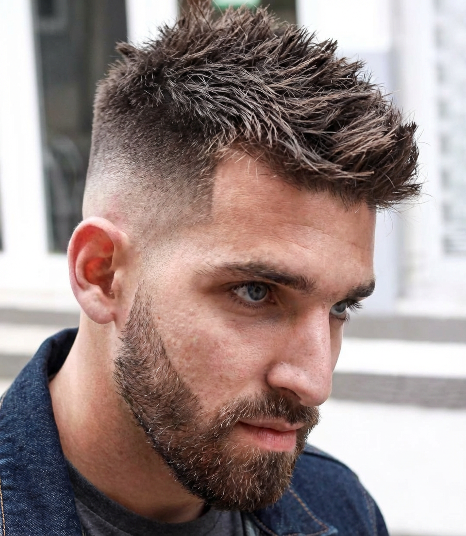 Close-up of man with high fade and short textured spiky top generated by blondefilter.net