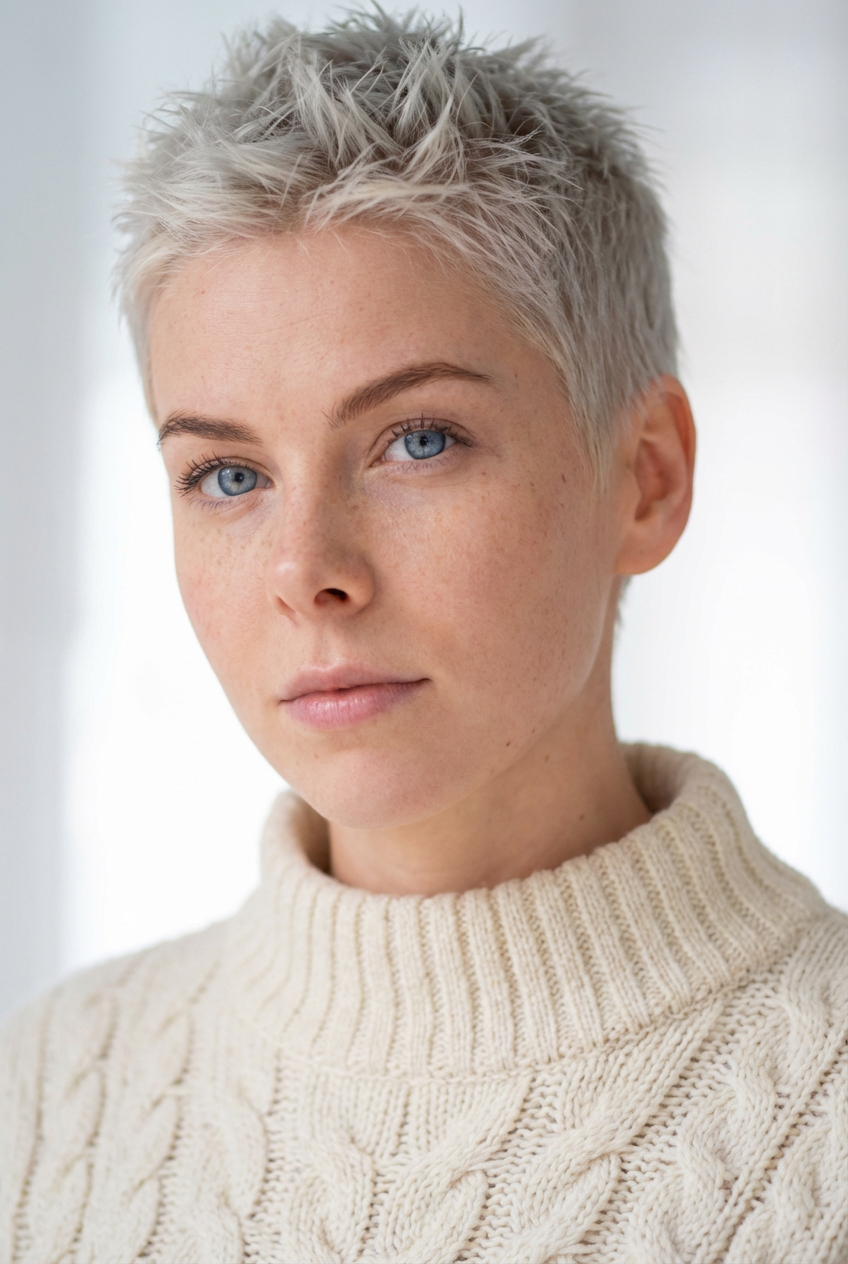 Soft light portrait of woman with short platinum pixie spikes and textured crown generated by blondefilter.net