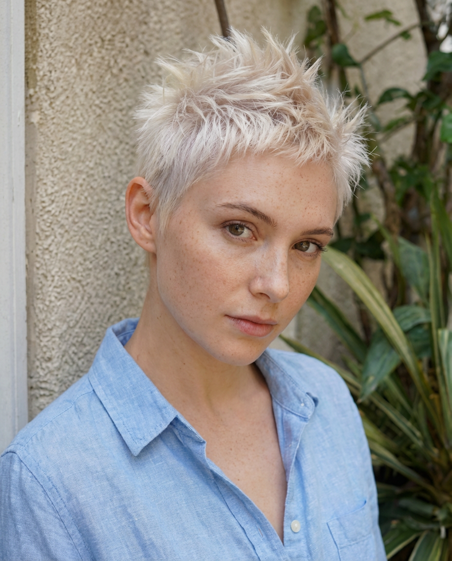Outdoor portrait of woman with platinum blonde textured spiky crop in casual shirt generated by blondefilter.net