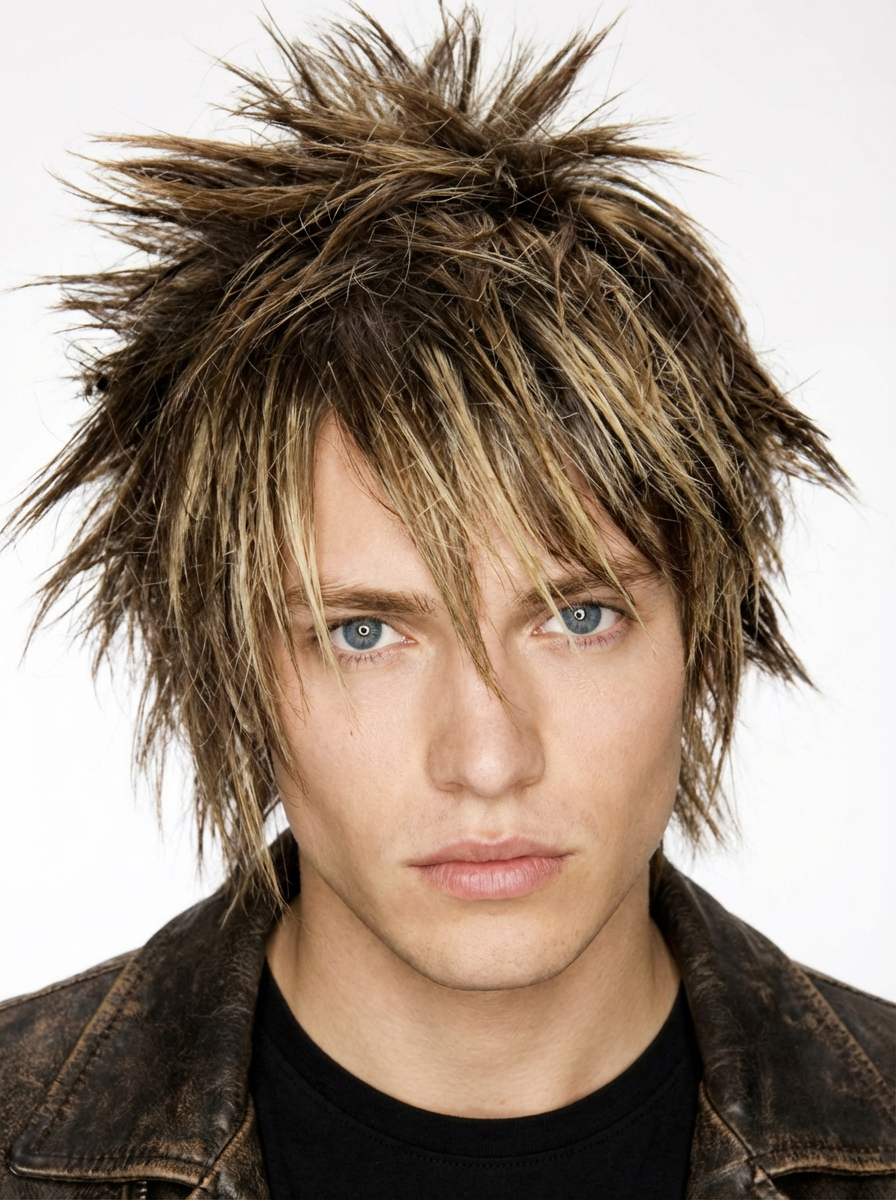 Studio portrait of man with layered highlighted spiky hairstyle and choppy fringe generated by blondefilter.net