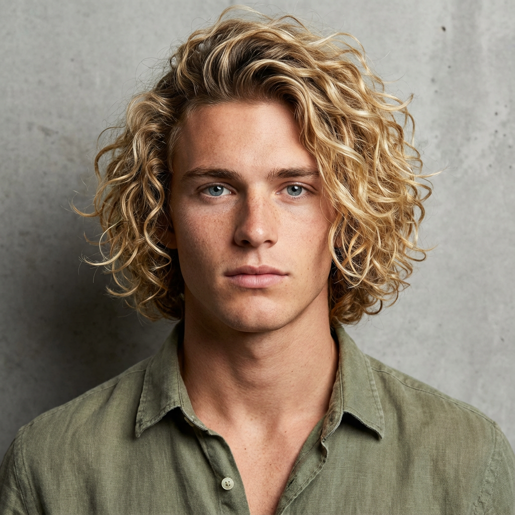Studio portrait of man with medium-length blonde curly surfer hairstyle against a gray backdrop generated by blondefilter.net