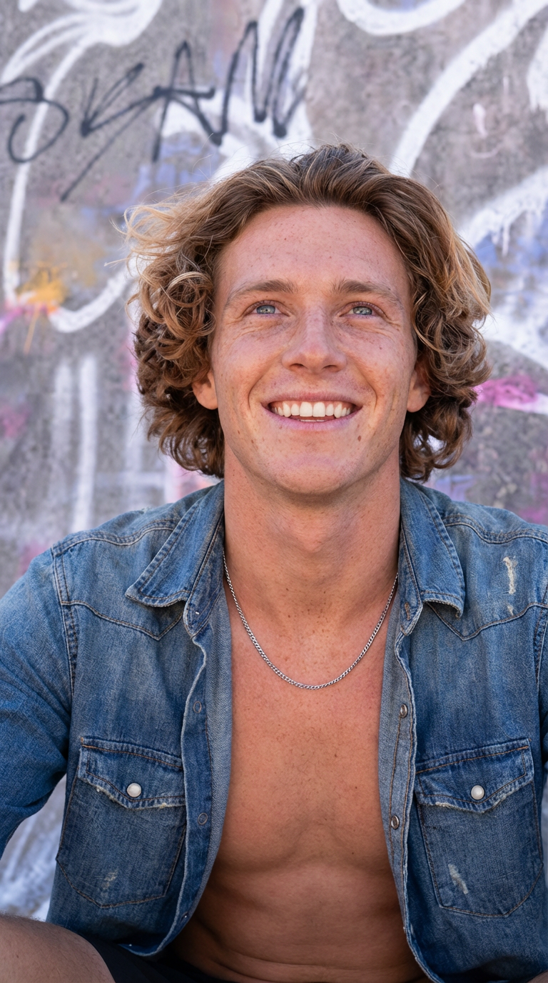 Outdoor portrait of smiling man with medium curly surfer hair in a denim shirt against a graffiti wall generated by blondefilter.net