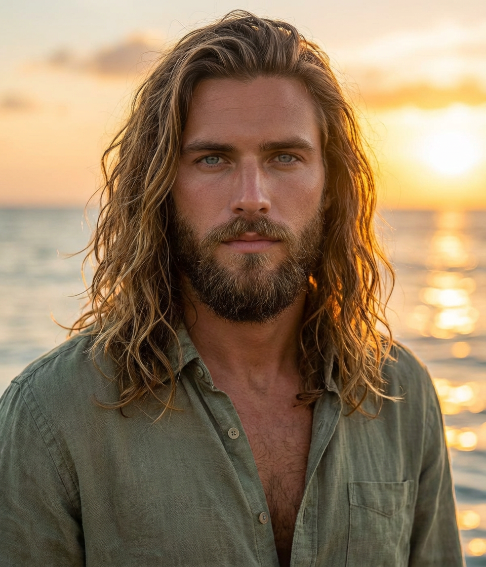 Sunset close-up of man with long wavy surfer hair and beard at the beach generated by blondefilter.net