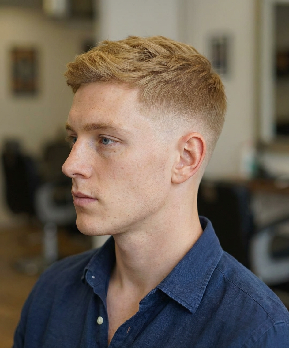 Barbershop shot of blonde man with low taper cut and neat textured top generated by blondefilter.net