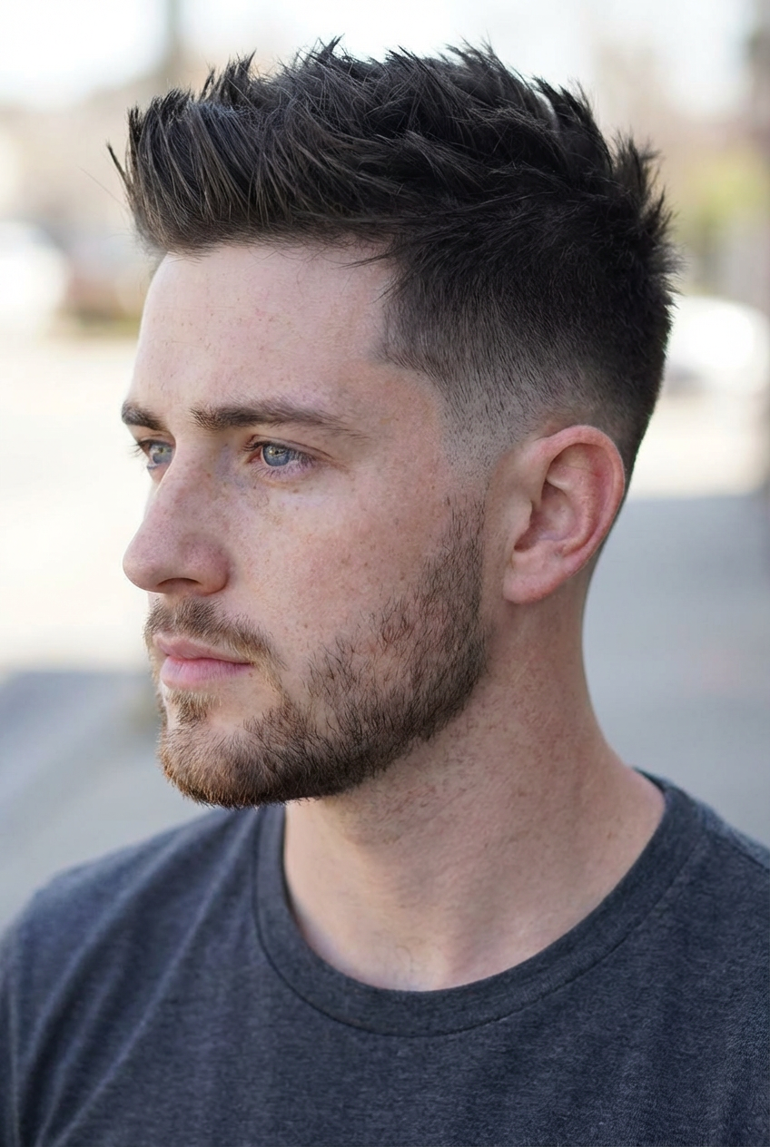 Outdoor portrait of man wearing spiky mid taper cut with light stubble generated by blondefilter.net