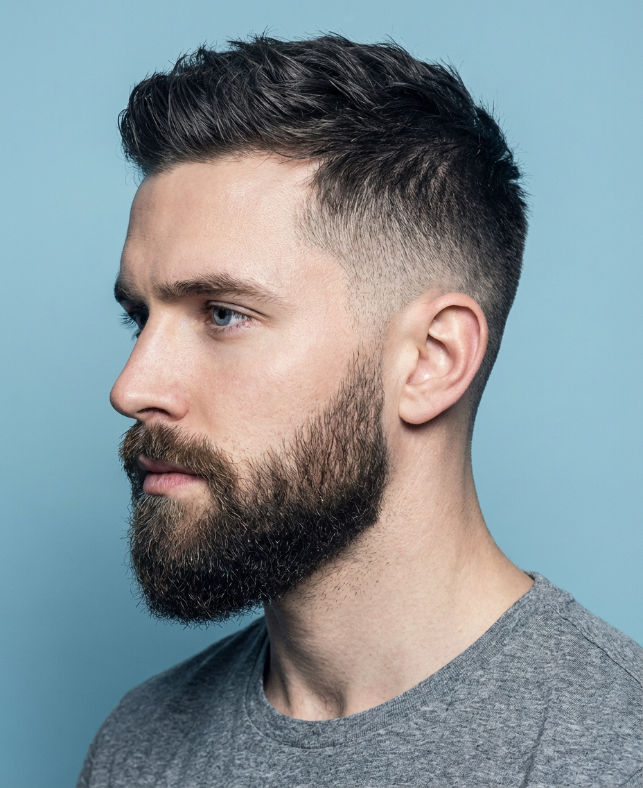 Side profile of man with textured taper cut and full beard under studio light generated by blondefilter.net