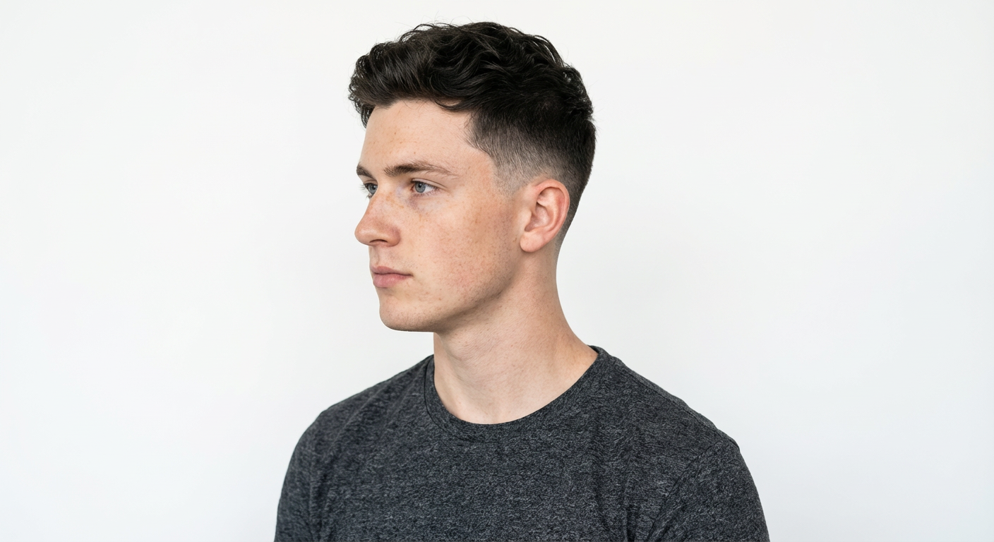 Clean background profile showing wavy low taper cut on dark hair generated by blondefilter.net