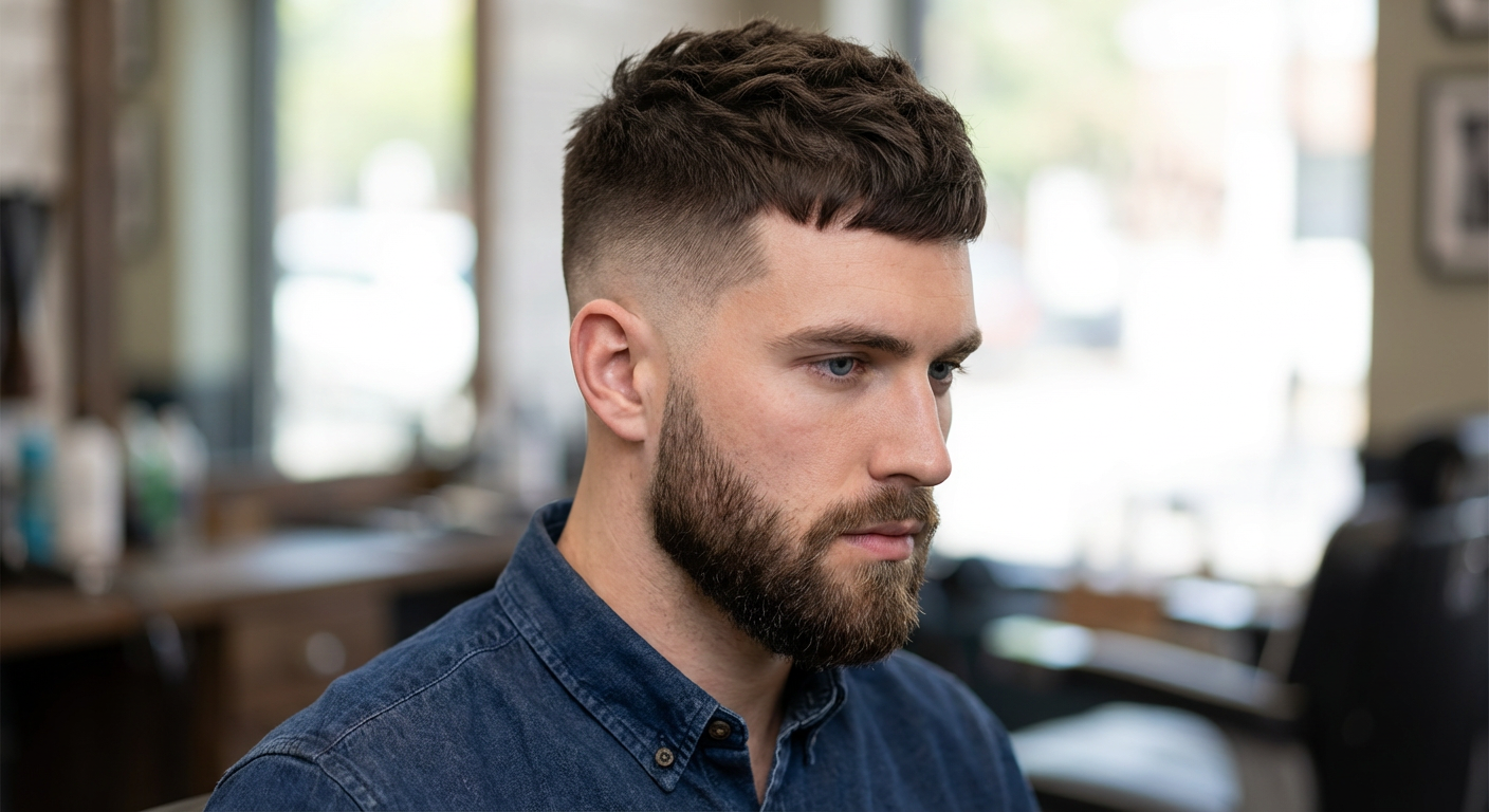 Barbershop three-quarter view of textured crop paired with skin fade and full beard generated by blondefilter.net