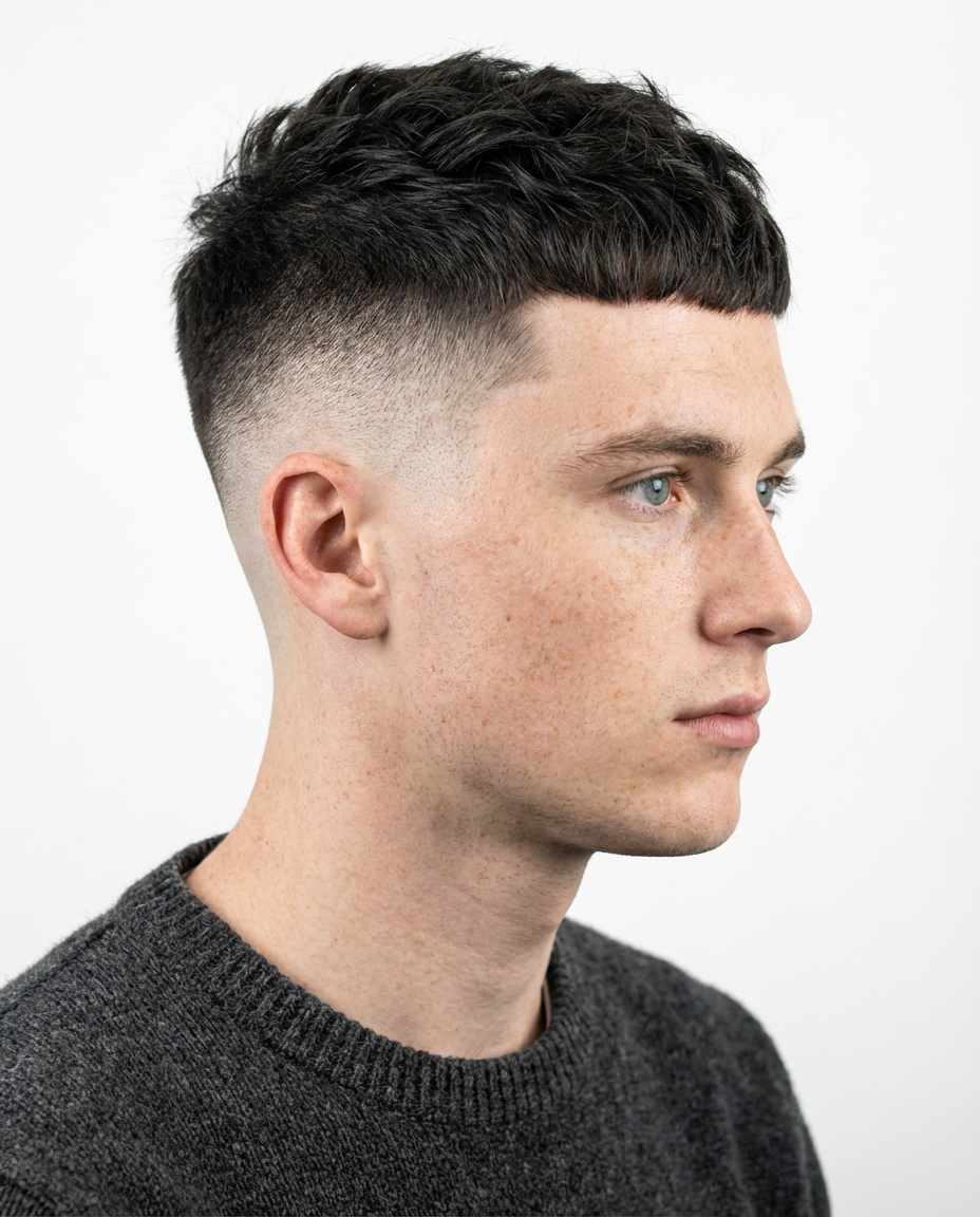 Studio side profile of clean textured crop with high skin fade on dark hair generated by blondefilter.net