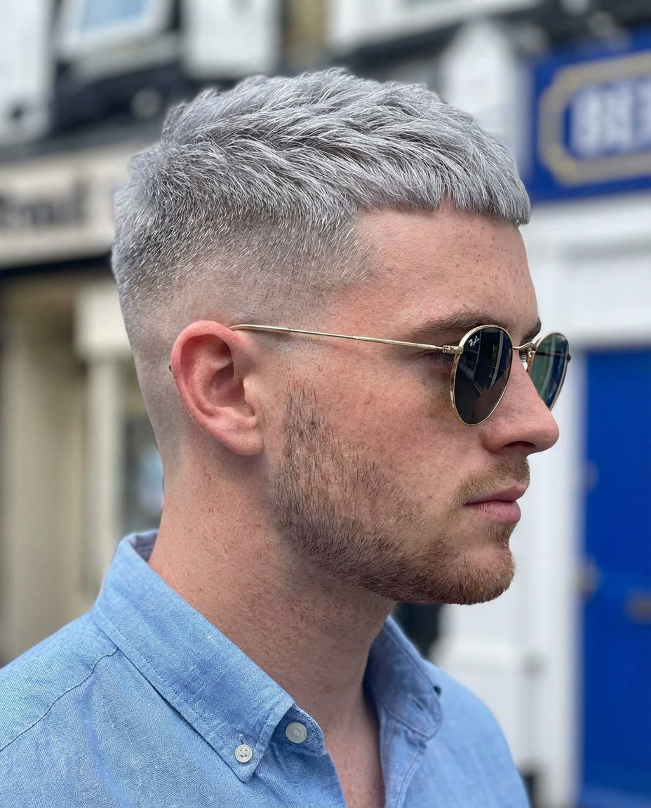 Street profile of man wearing silver textured crop with low skin fade and sunglasses generated by blondefilter.net