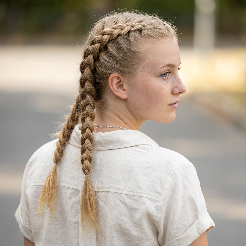 Outdoor side profile of blonde woman wearing neat Dutch twin braids on a park path generated by blondefilter.net