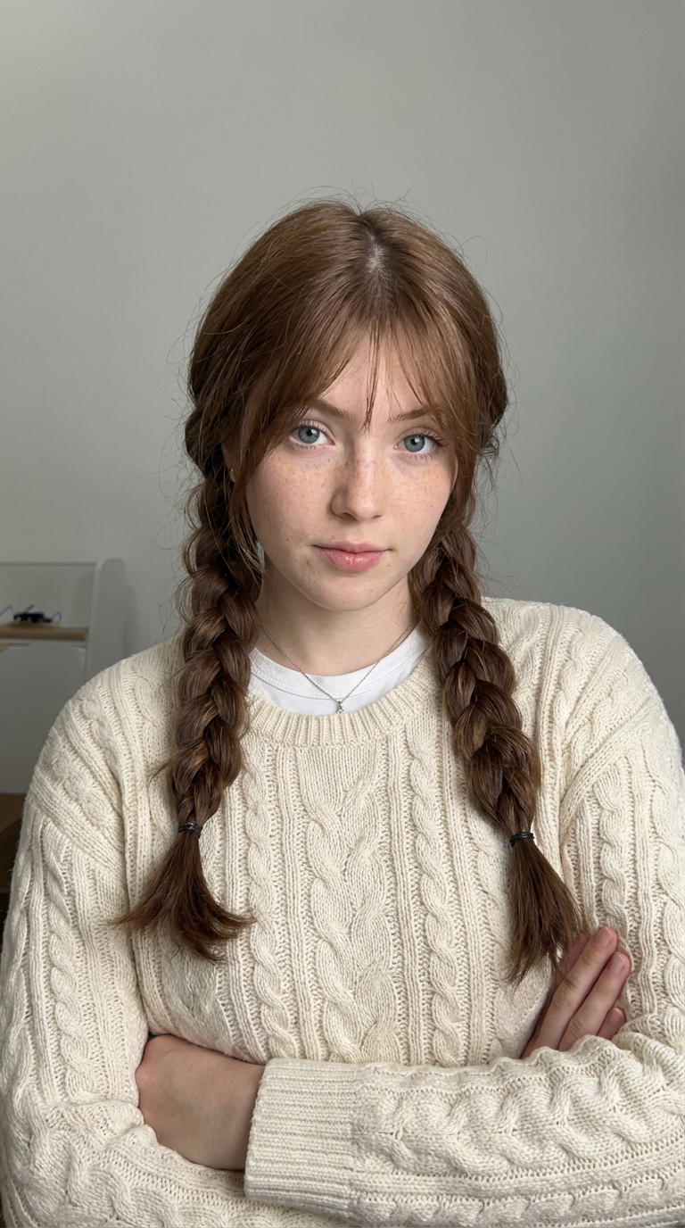 Indoor portrait of redheaded woman with soft twin braids and wispy bangs in a cable knit sweater generated by blondefilter.net