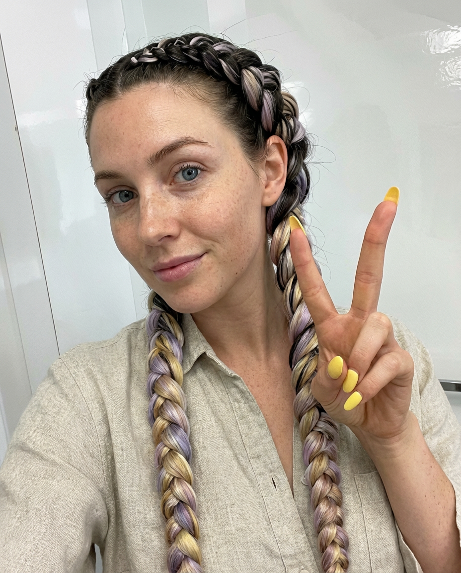 Selfie of woman with long pastel Dutch twin braids and a peace sign gesture generated by blondefilter.net