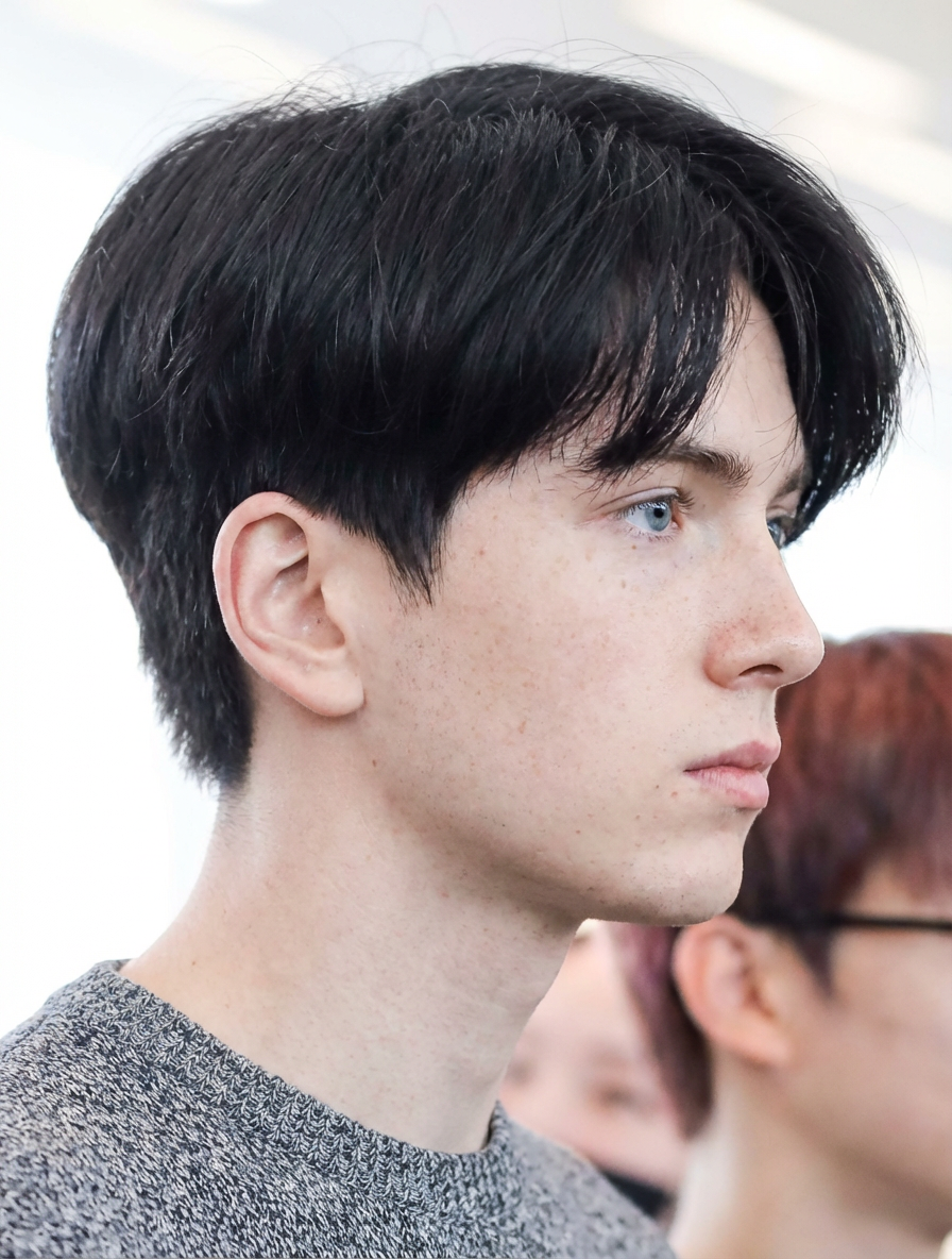 Profile of two block curtain hairstyle with layered fringe and soft volume generated by blondefilter.net