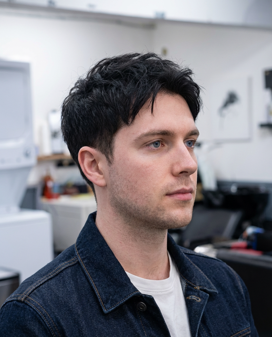 Three-quarter view of man with textured two block taper cut in barbershop generated by blondefilter.net