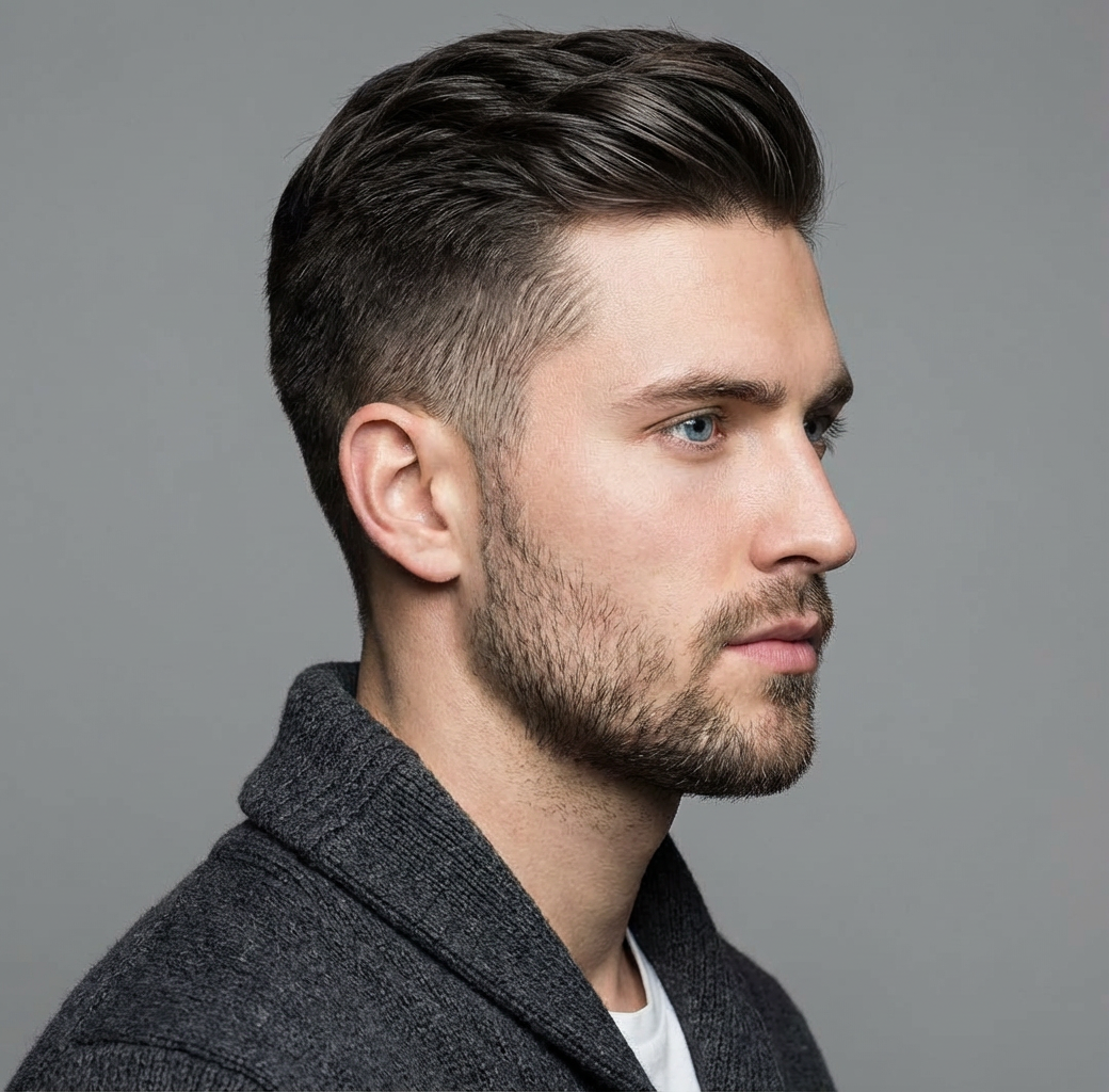 Side view of man with neatly groomed beard and polished undercut generated by blondefilter.net
