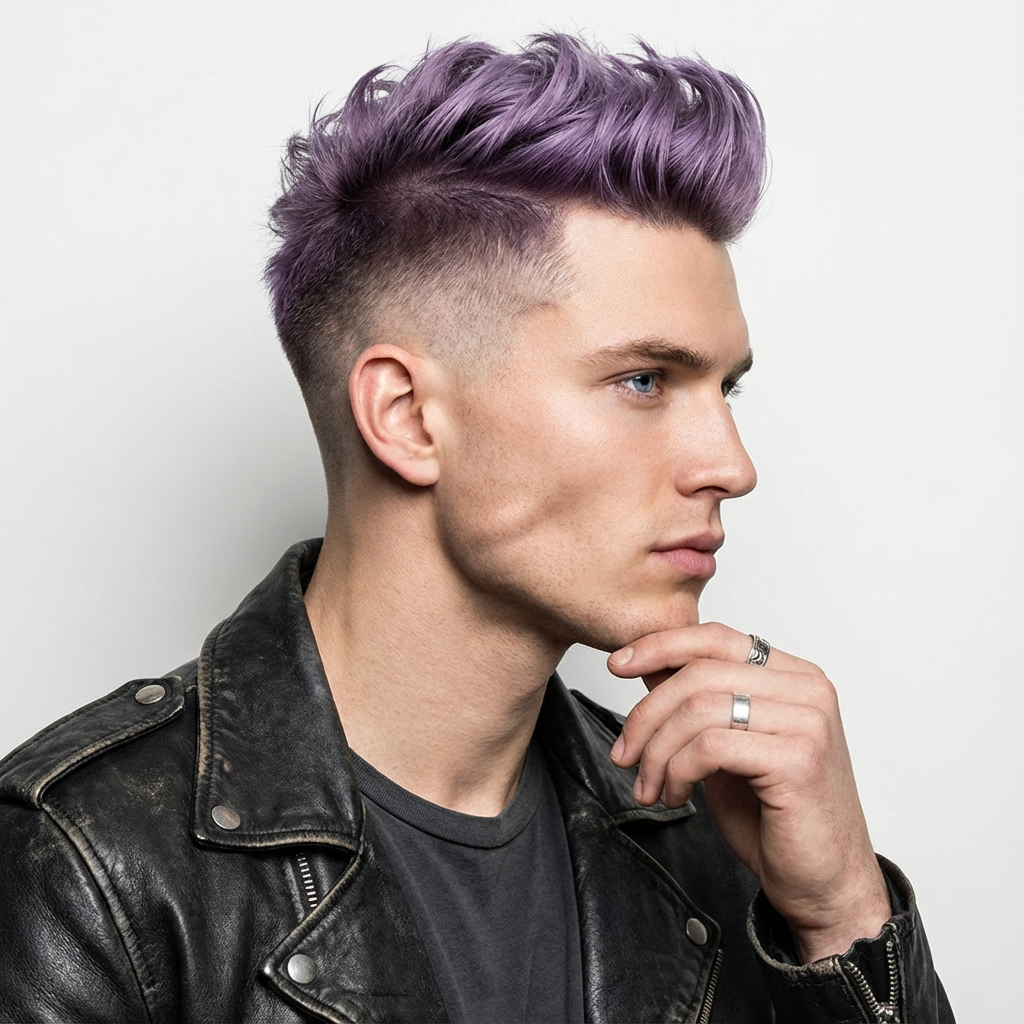 Side profile of man with bold purple textured undercut and fade generated by blondefilter.net