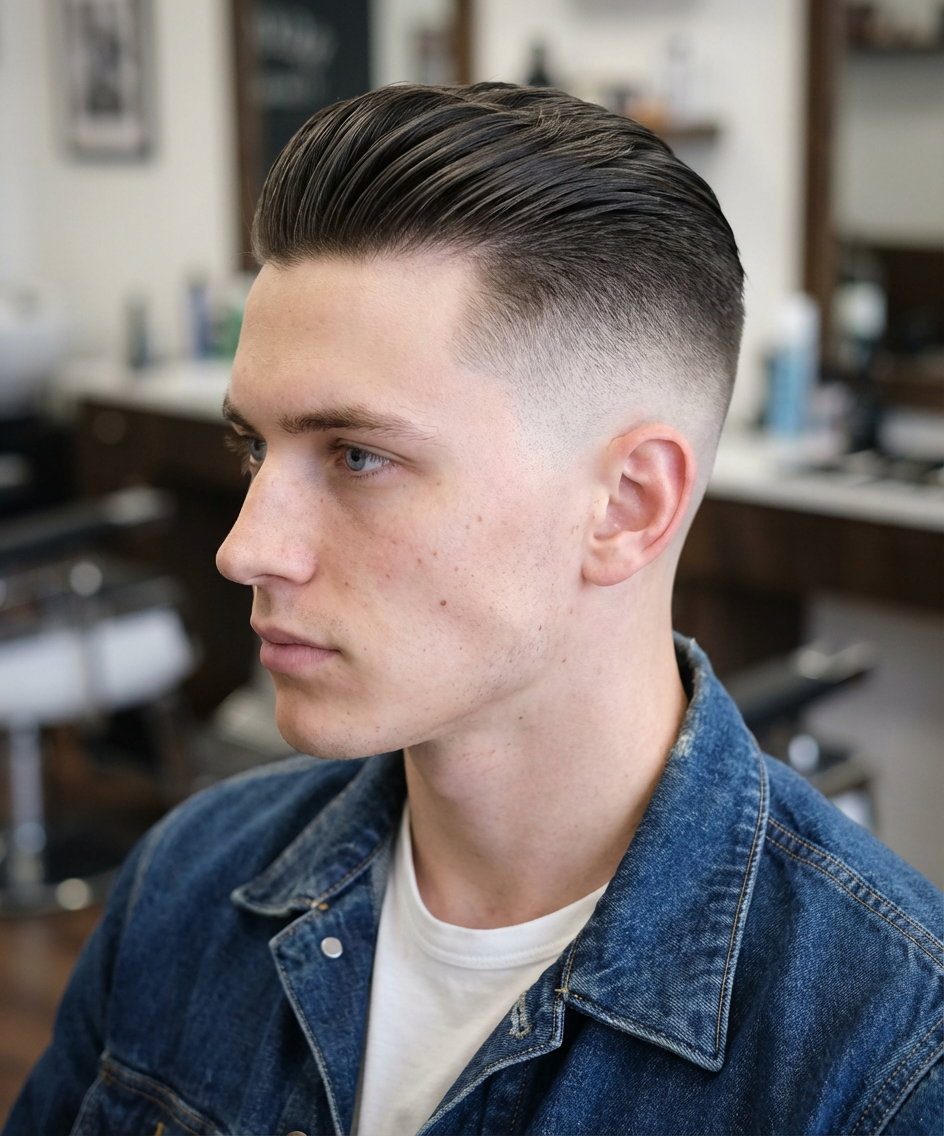 Side profile of man with slicked-back classic undercut fade in barbershop lighting generated by blondefilter.net