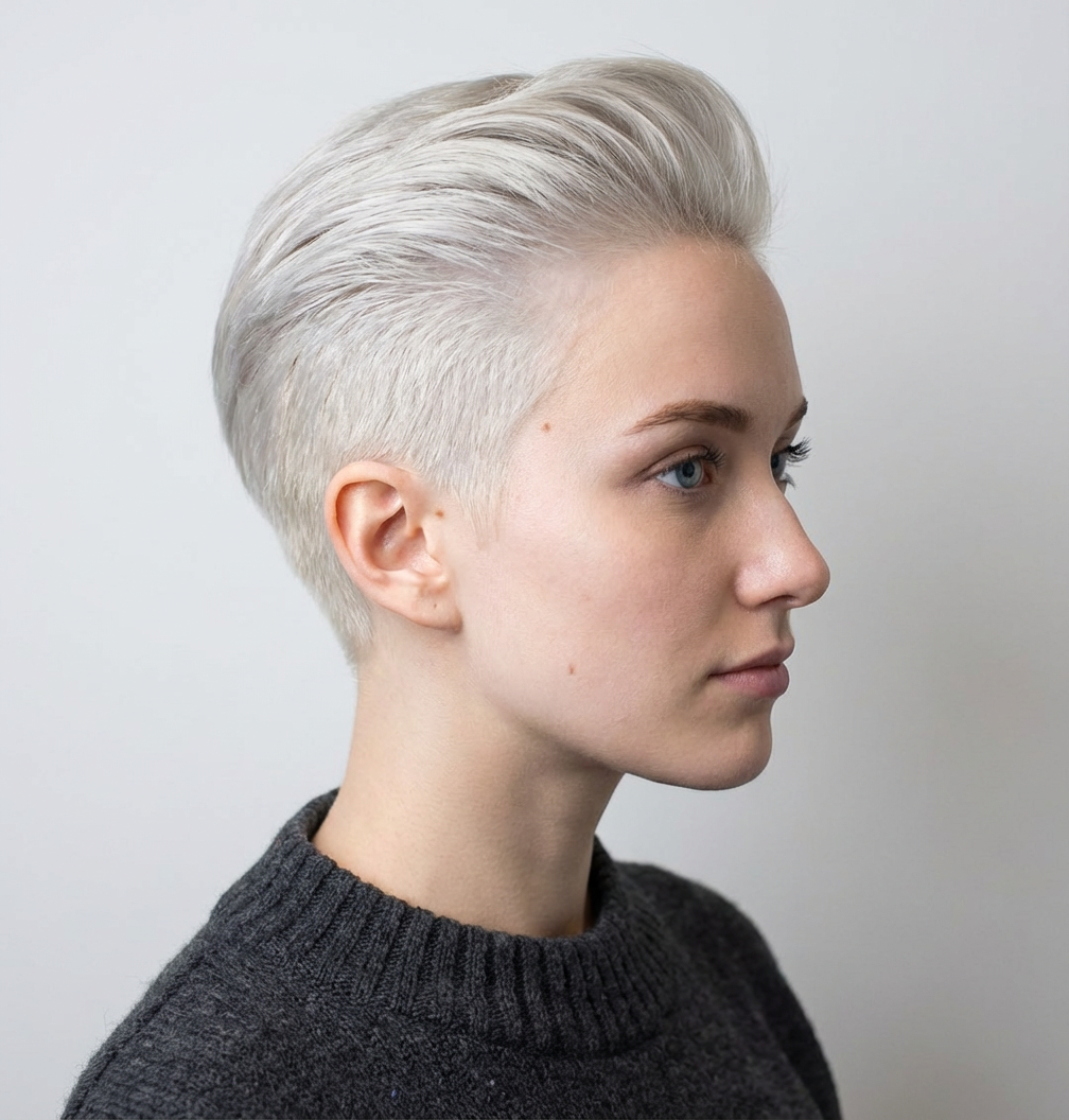 Studio profile of model with platinum swept undercut and soft natural light generated by blondefilter.net