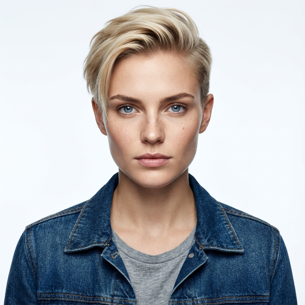 Front portrait showing textured side-swept undercut on blonde hair generated by blondefilter.net