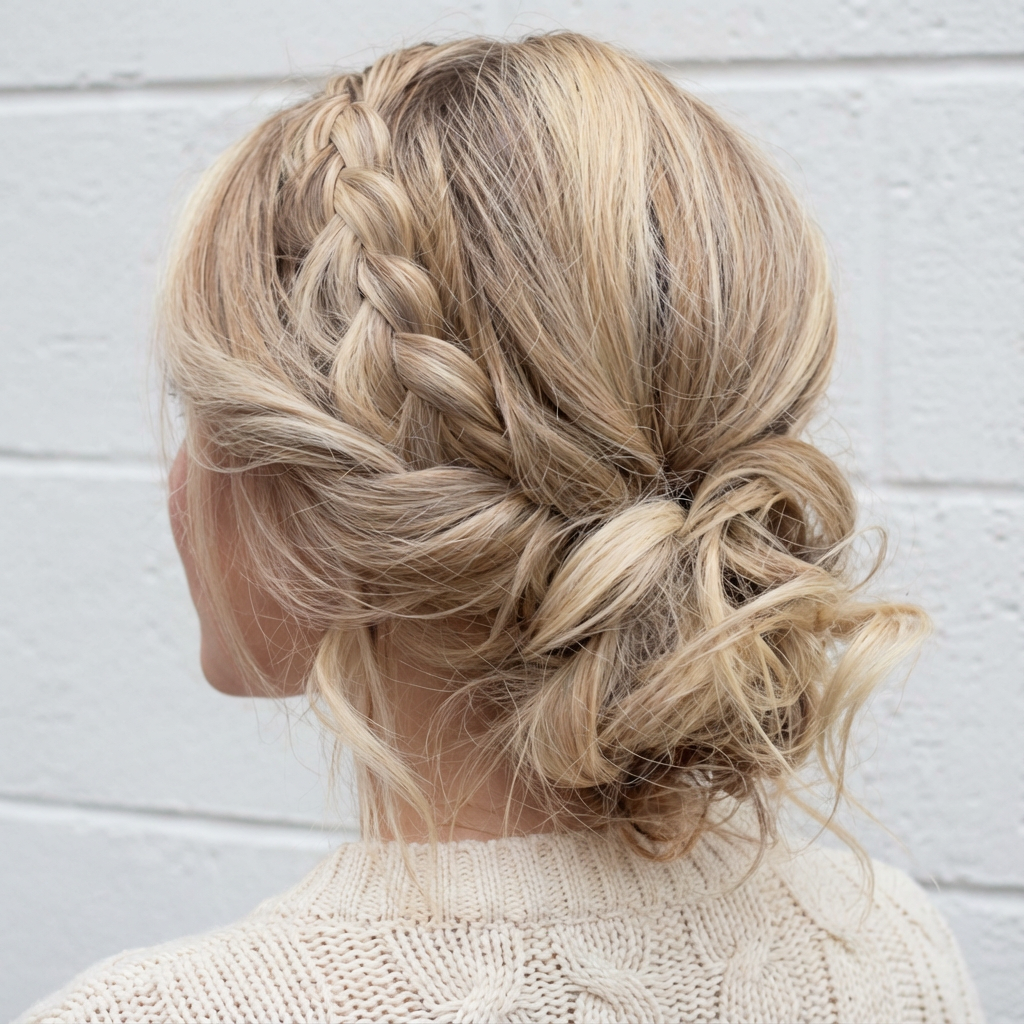 Back angle of blonde woman with side braid flowing into textured low messy bun generated by blondefilter.net