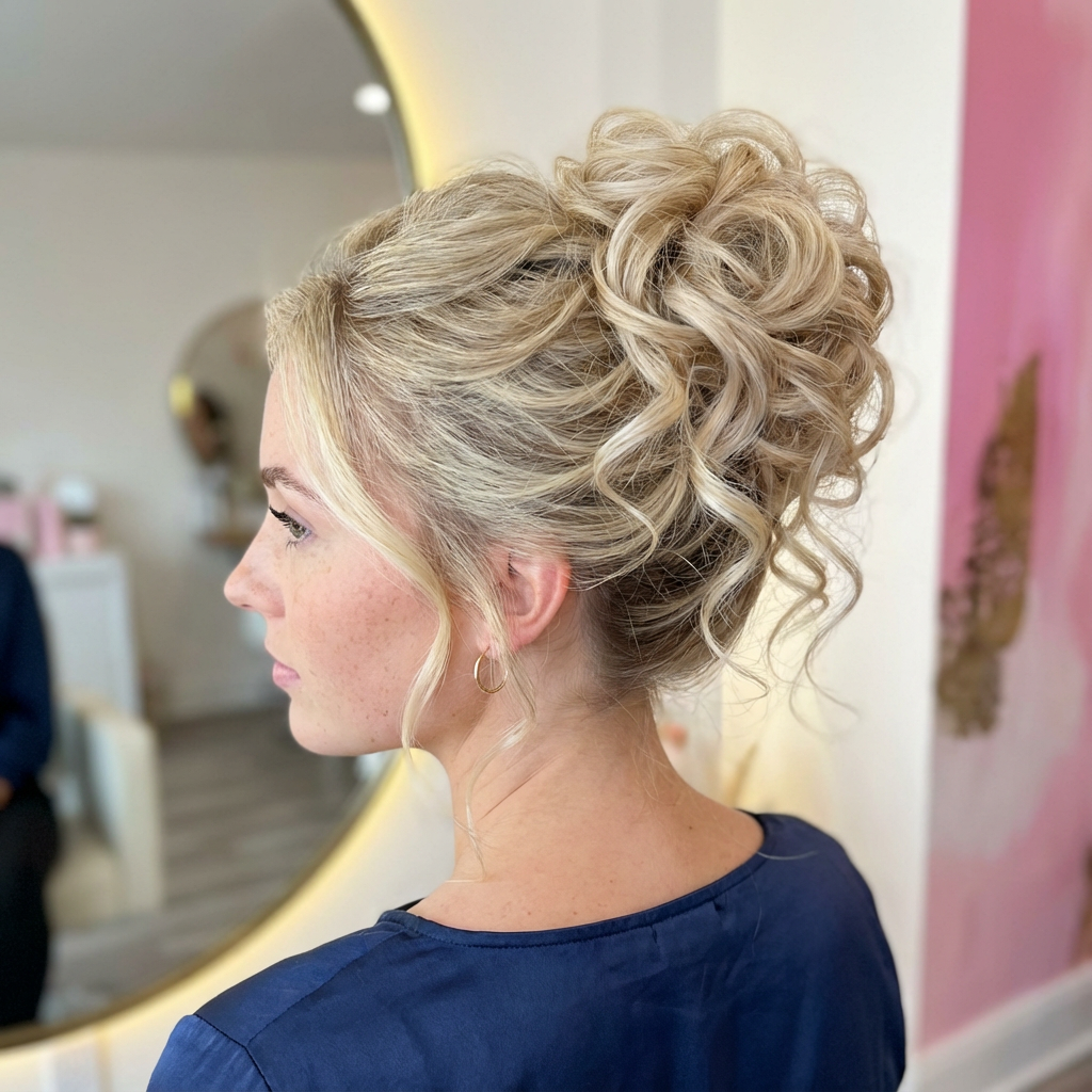 Salon view of blonde model with voluminous curly updo and face framing tendrils generated by blondefilter.net