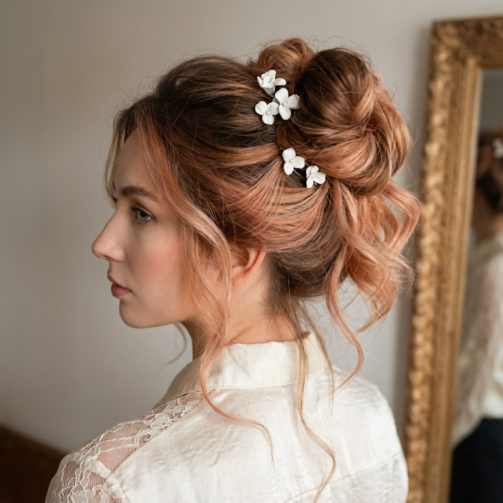 Side profile of woman with copper rose updo and white floral hair pins with soft tendrils framing her face generated by blondefilter.net