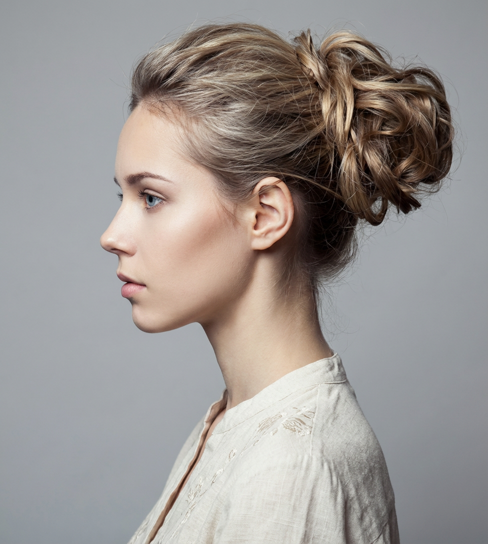 Studio profile of woman wearing sleek textured updo bun with woven twists against gray background generated by blondefilter.net