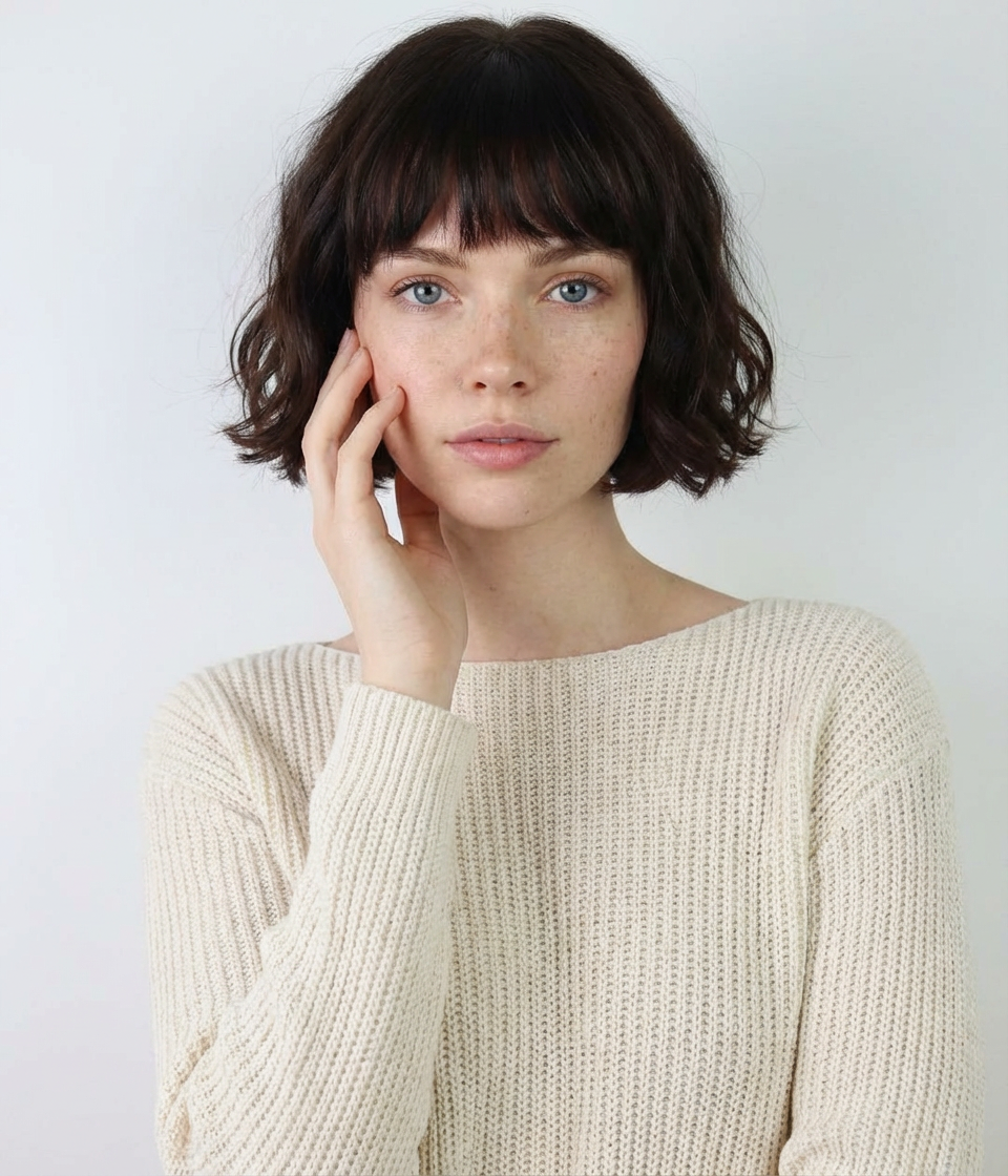 Minimalist portrait of woman with dark wavy French bob and blunt fringe generated by blondefilter.net