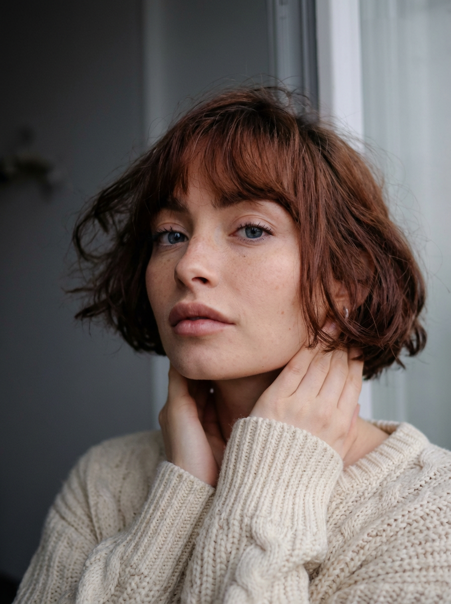 Soft portrait of woman wearing tousled wavy French bob with rust-colored bangs generated by blondefilter.net