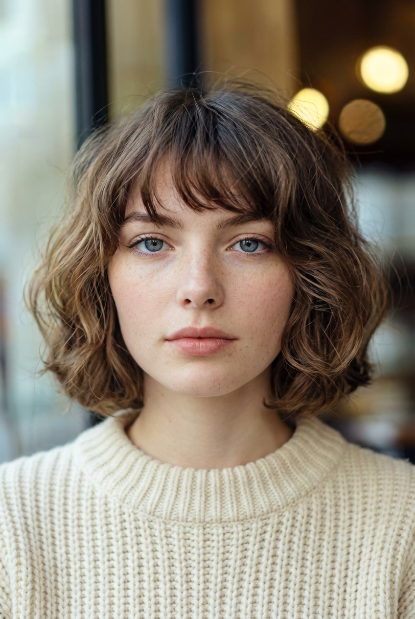 Front view of woman with soft brunette wavy French bob and piecey fringe generated by blondefilter.net