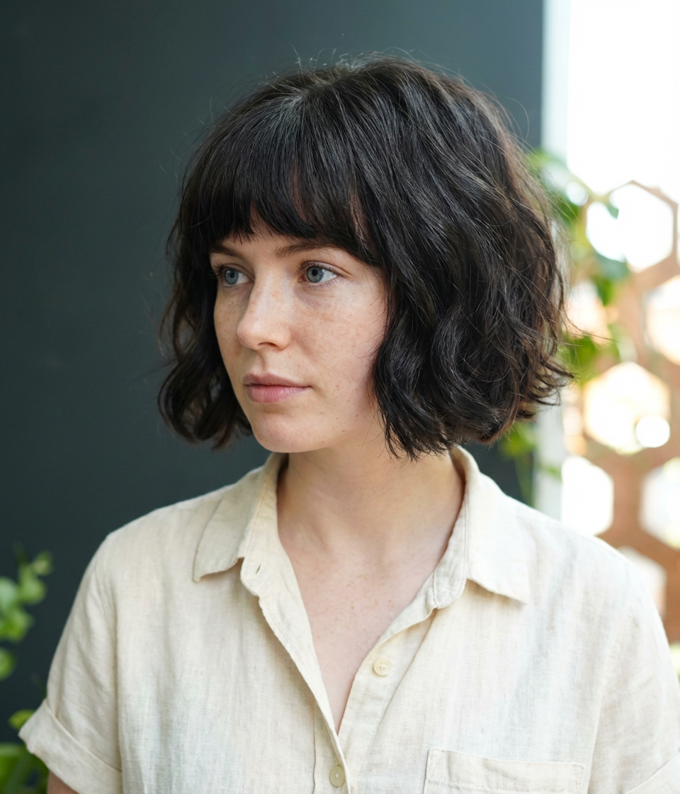 Woman in natural light wearing textured wavy French bob with full bangs generated by blondefilter.net