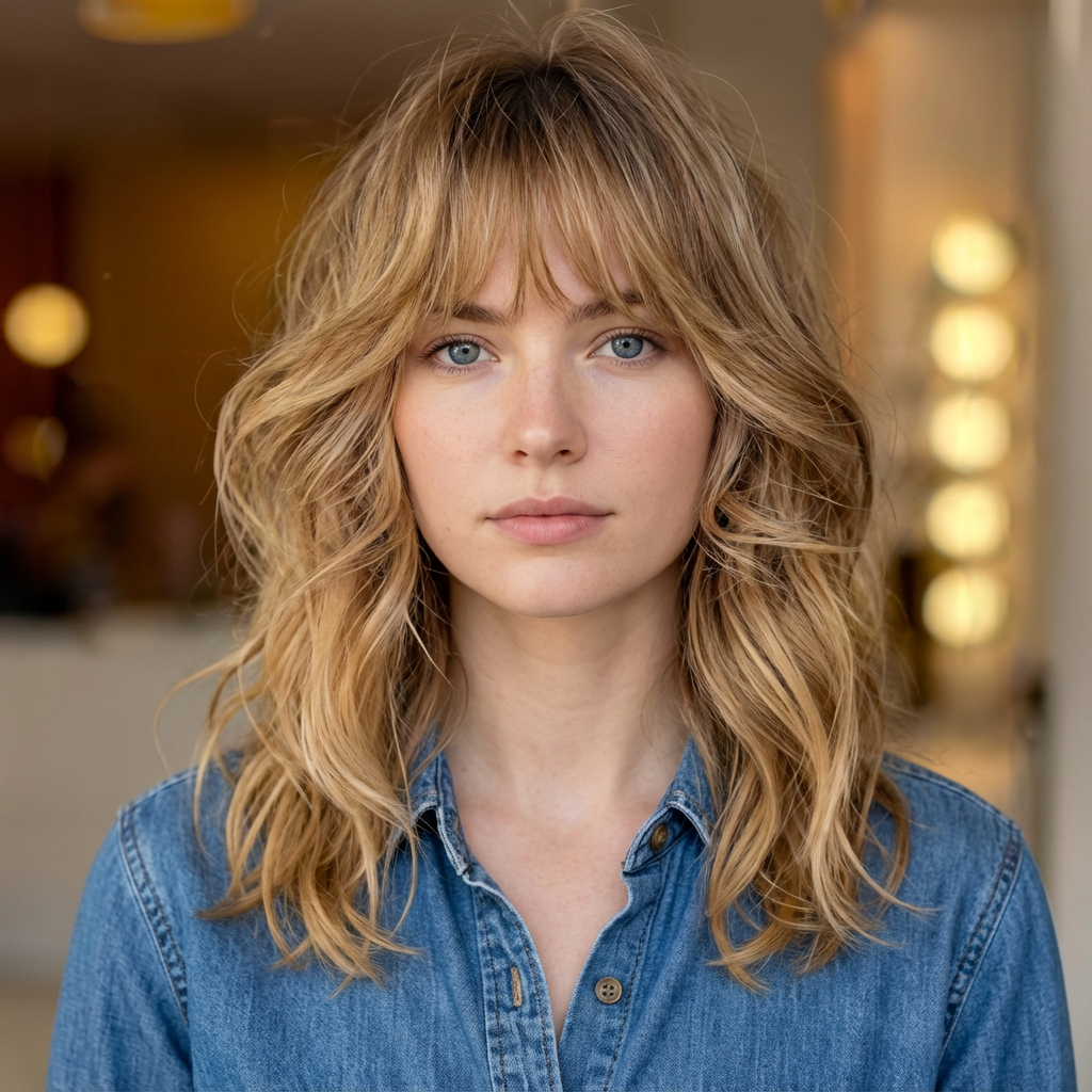 Soft daylight portrait of woman wearing a blonde mid-length wavy shag with curtain bangs generated by blondefilter.net